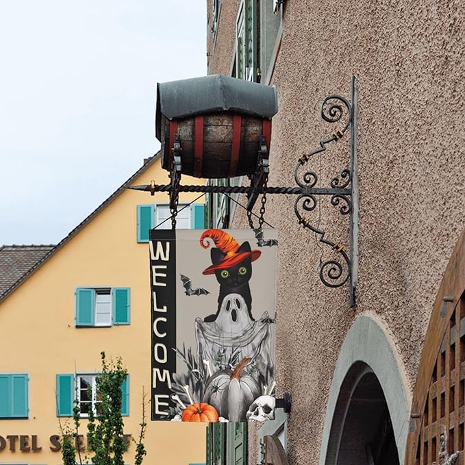 Halloween Ghost Cat Boo Pumpkin Skull Bat Garden Flag Welcome Party Outdoor Outside Decorations Picks Home House Garden Yard Decor 12x18 Inch