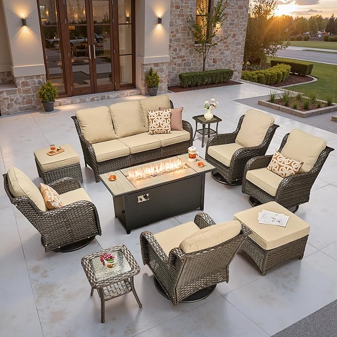 ovios 10 Pieces Patio Furniture Set, Outdoor Wicker Sofa Couch with Swivel Chairs 54" Fire Pit Table, All Weather High Back Modern Conversation Sets, Brown Rattan, Beige