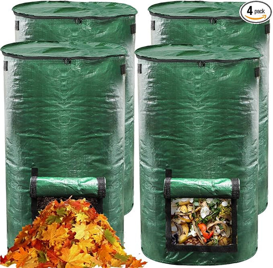 4 Pack 34 Gallons Reusable Yard Waste Bags, Leaf Lawn Collector Containers with Lid and Handles, Heavy Duty Collapsible Compost Bins with Bottom Window for Outdoor Debris Wet Leaves Grass