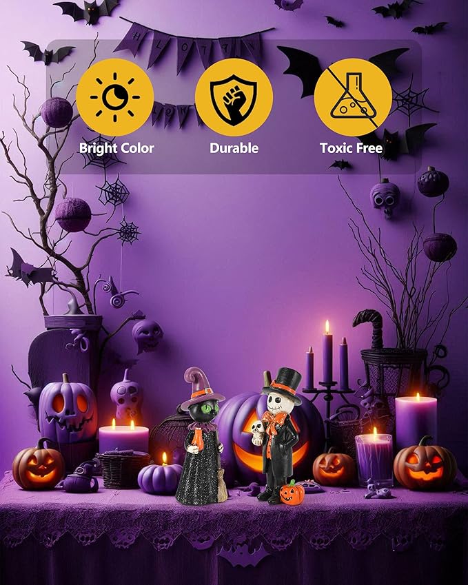 Cute Halloween Decor - 2-Pack 4.5'' Resin Skeleton Gentleman and Witch Broom Figurines - Indoor Halloween Decorations for Home Mantle Fireplace Party Gifts (Ghost & Witch)