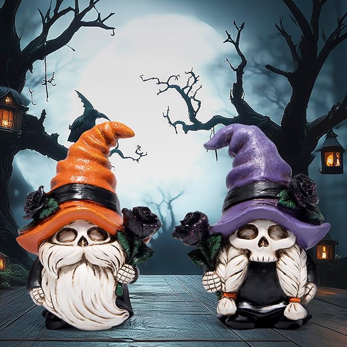 Hodao Halloween Gnomes Decorations Indoor, Resin Halloween Skull Head Handmade Figurines with Witch Hat & Rose Decor for Gift Home Bedroom Party Office Table - 2 Pcs, Orange & Purple