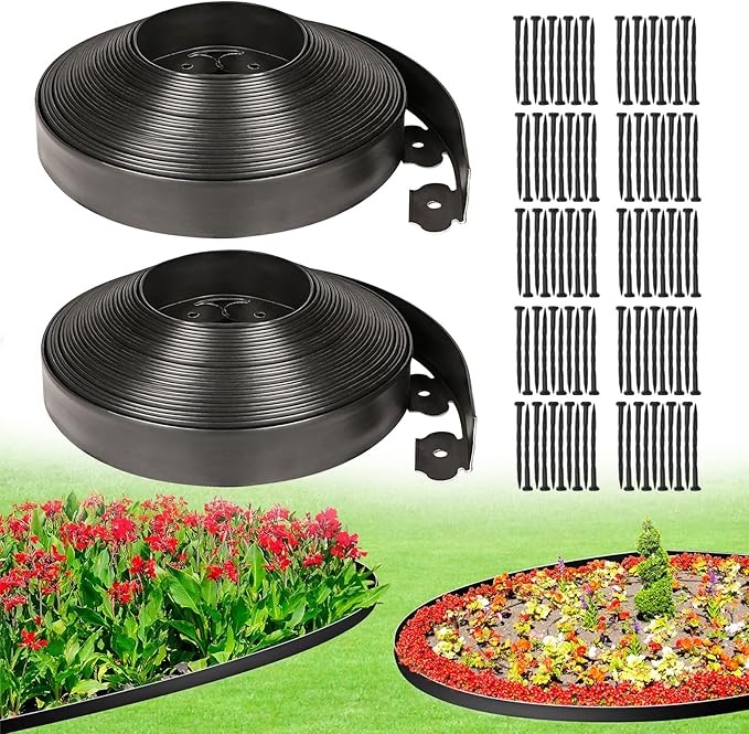 JERIA 2 Inch Tall 100 FT Garden Edging Kit with 120pcs Spikes, Plastic Edging for Landscaping