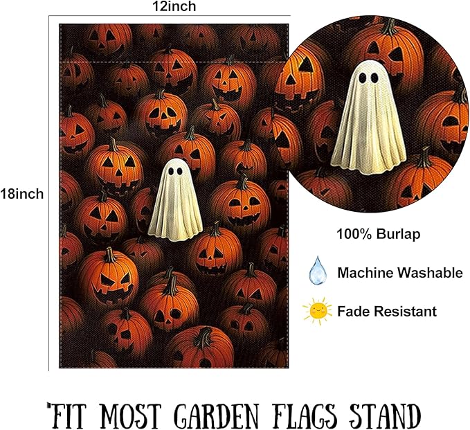 Halloween Garden Flag 12 x 18 Inch Double Sided Ghost Pumpkin Designs Fall Autumn Burlap Yard Flag for Outside Rustic Yard Outdoor Holiday Home Decoration