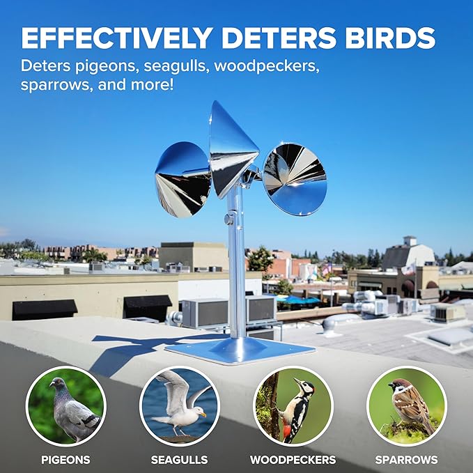Bird B Gone - Reflect-A-Bird - Reflective Spinning Deterrent - Repels Pigeons, Sparrows, & Woodpeckers - Wind Powered - for Gardens, Railings, Roofs, Etc - Weatherproof Aluminum - Adjustable Neck