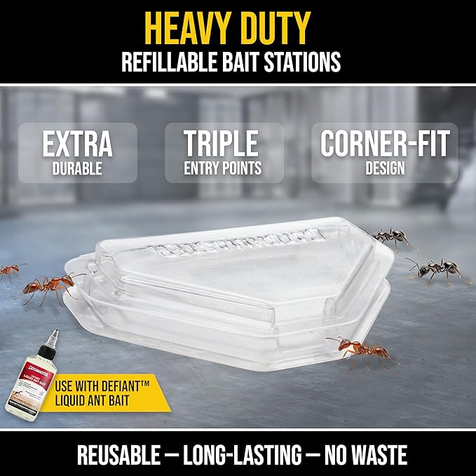 Catchmaster Defiant Extra Long Reusable Ant Traps Indoor (8 Pack) for Narrow Spaces – Liquid Ant Killer - Bait NOT Included - Stackable, Translucent Design – 28 Entry Points for Maximum Access