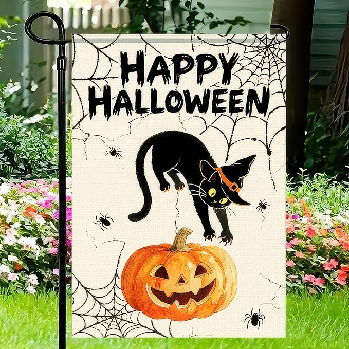 Garden Flags 12x18 Inch Halloween Black Cat Pumpkin Spider Web Design Fall Outdoor Banner Holiday Yard Decoration for Porch Lawn Garden Party Display Sign