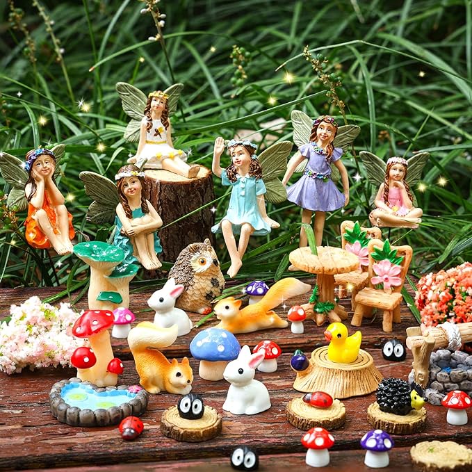 100 Pcs Fairy Garden Accessories Miniatures Figures Kit Micro Landscape Terrarium Ornaments Resin Mushroom Animal Fake Pond Lawn Bridge Garden Dollhouse Decoration