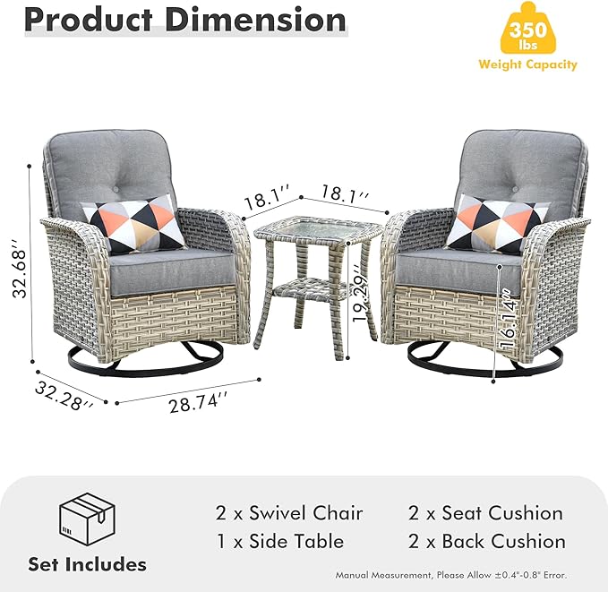 HOOOWOOO Outdoor Patio Bistro Set,3 Pieces Wicker Out Door Swivel Rocking Chair with Matching Side Table,Patio Furniture Sets,Charcoal Gray