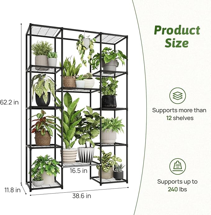 Plant Stand Outdoor Tall Plant Shelf Indoor Metal Large Hanging Plant Cabinet Waterproof Plant Rack Flower Holder for Living Room Patio Balcony Garden Black