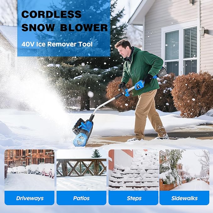 40V Cordless Snow Shovel, 13.5-Inch Battery Snow Blower Electric with Adjustable Directional Plate, 2×20V/4.0Ah Lithium Batteries and Quick Dual-Port Charger Included