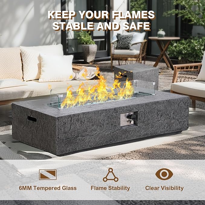 3-Piece Outdoor Propane Fire Pit Table Set – Premium Slate-Like MgO Finish, 48-Inch Gas Fire Table with Tank Table & Glass Wind Guard for Patio, Garden & Backyard, Includes Rain Cover & Glass Beads