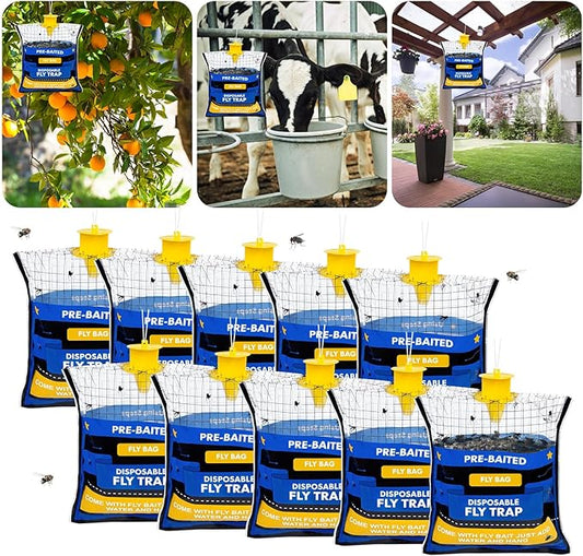 10 Fly Traps Hanging Outdoor, Natural Pre-Baited Fly Bag Outdoor Disposable, Fly Catcher, Killer, Hunter, Stable, Farm, Barn, Ranch, Fly Trap for Mosquitoes