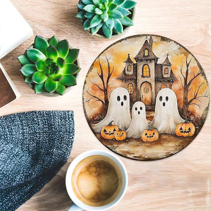 PEACHGARDEN Round Cute Ghost Halloween Vintage Sign Halloween Pumpkin Metal Tin Sign for Home Bar Kitchen Hotel Dining Room Coffee 12x12inch