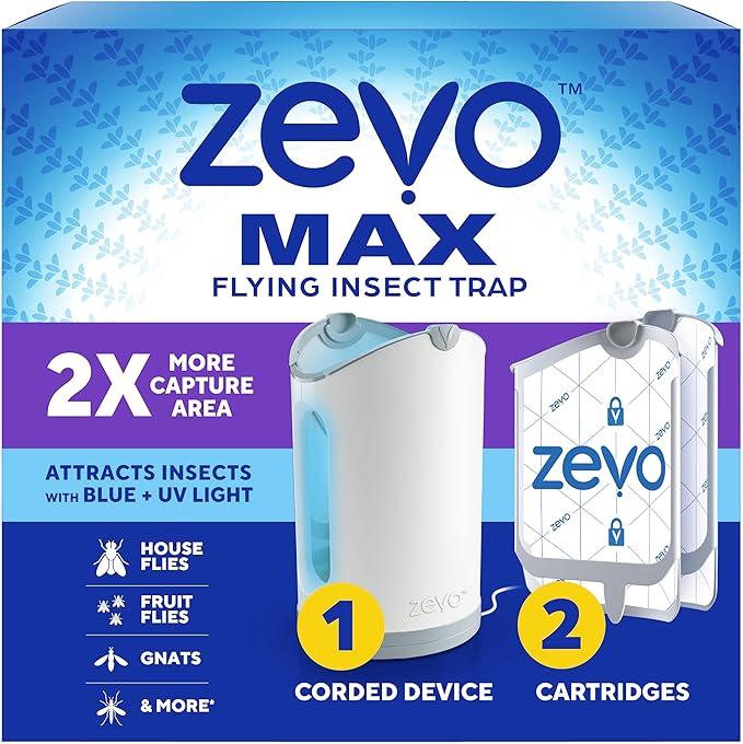 Zevo MAX Bug Catcher & Fly Trap for Indoors - Flying Insect Trap for Gnats, House & Fruit Flies - Use in Any Room - No-Mess Disposal (1 Plug in Base & 2 Cartridges)