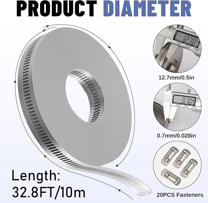 Hose Clamps Assortment Kit,Worm Gear Duct Pipe Hose, 32.8FT 304 Stainless Steel Band Fittings Strap DIY Large Adjustable Metal Bolt with 20 Fasteners Screw for Plumbing Auto Tube Fuel Line