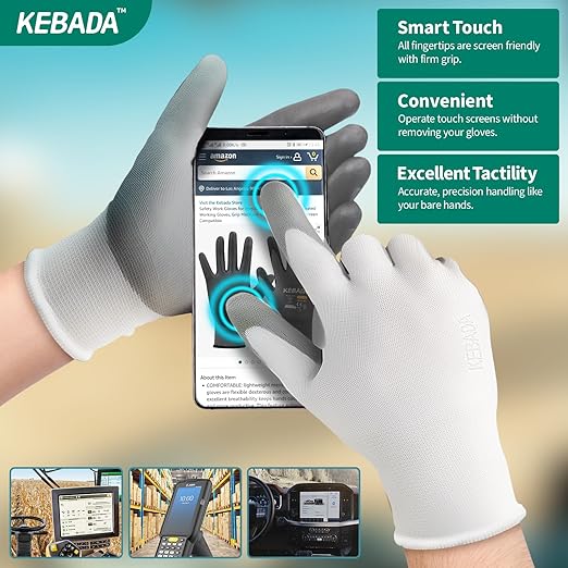 Kebada W1 Work Gloves for Men and Women, 12 Pairs Touchscreen Safety Gloves with Grip, PU-Coated, Ideal for Light & Medium Duty Tasks, White, Large