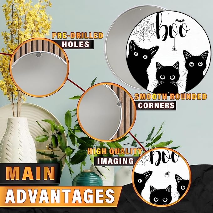 PEACHGARDEN Black Cat Halloween Metal Tin Sign Vintage Gothic Decor Boo Plaque Spooky Wall Art Retro Iron Painting for Home Porch Bar 12x12inch