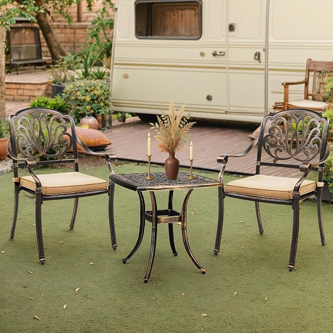 Outvita Patio Side Table, 21.3in Outdoor Square Cast Aluminum Bistro Table with Umbrella Hole and Antique Design for Backyard Porch Pool Balcony Deck Bronze