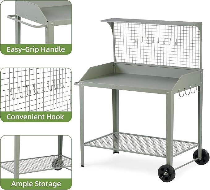 Outdoor Metal Potting Bench with Wheels, Heavy Duty Garden Workbench Table with Storage Shelf (Green, 52.8"x36.6")