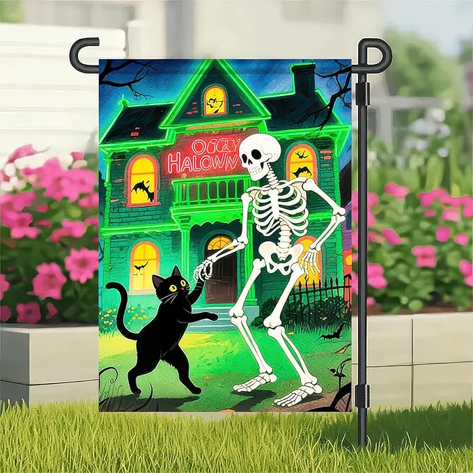 Garden Flags 12x18 Inch Halloween Garden Flag Double-Sided Skeleton Dancing with Black Cat Haunted House Pumpkin Fall Yard Decoration Trick or Treat Banner for Porch Lawn Outdoor Decor