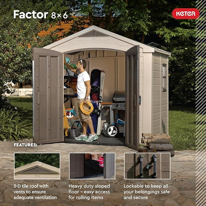 Keter Factor (8x6 ft) Large Resin Outdoor Storage Shed for Patio Furniture, Lawn Mower, Garden Accessories Yard Tools, and Pool Toys, Taupe