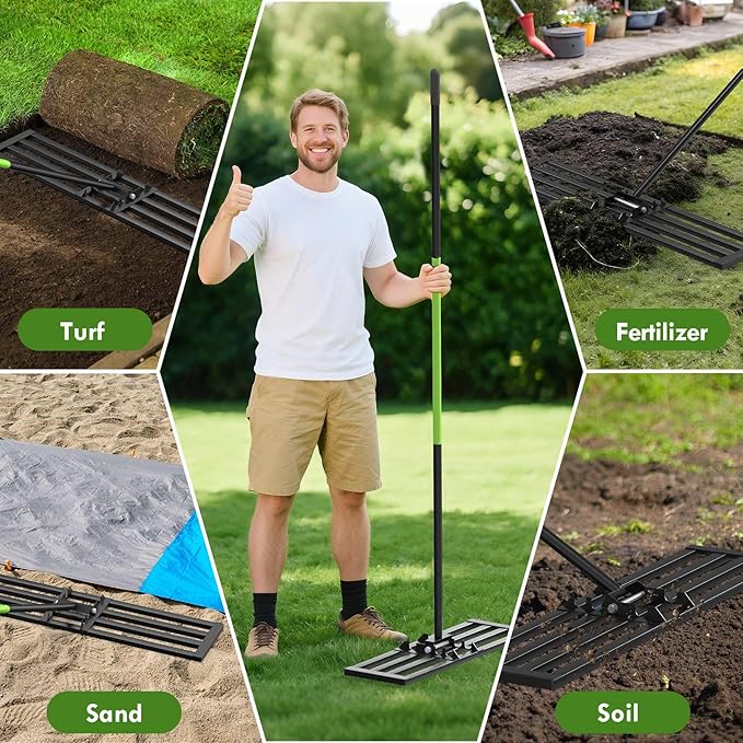 Seeutek Lawn Leveling Rake, 45” x 10” Lawn Leveler with 6.5FT Durable Handle Rakes for Lawns, 0-180° Adjustable Ground Leveler Tool for Yard, Level Soil Sand Dirt Surfaces