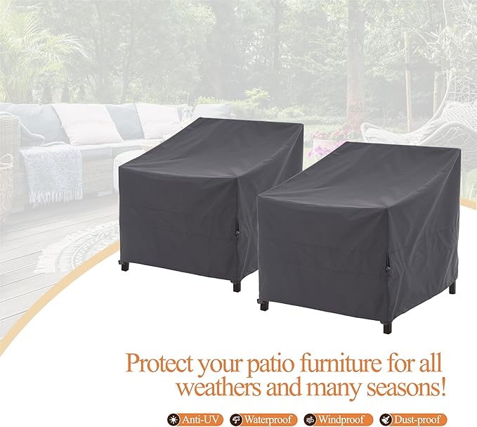 Patio Chair Cover, Outdoor Lounge Cover, Heavy Duty, Waterproof Lawn Chair Covers, 43W x 42D x 42H, Grey, 2-Pack