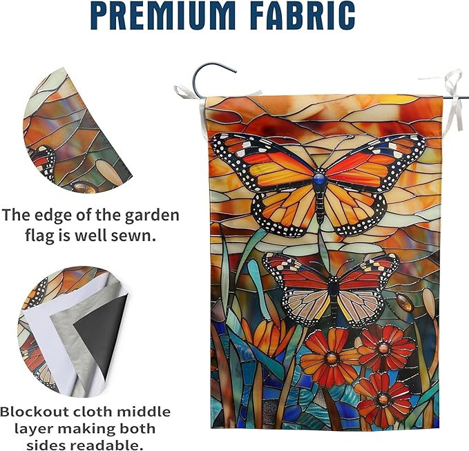 Monarch Butterfly Garden Flags for Outside Fall Flag Stained Glass Floral Yard Flag Spring Summer Decorative Flags 12x18 Double Sided Small Seasonal Lawn Flags Rustic Outdoor Decor