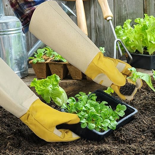 HLDD HANDLANDY Gardening Gloves Long Sleeve for Women and Men Cactus Protection Leather Garden Gloves for Cactus, Golden Yellow, S