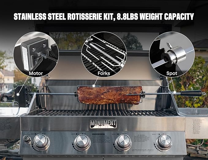 Monument Grills Larger 4-Burner Propane Gas Grills Stainless Steel Cabinet Style with Infrared Side Sear & Side Burners Knob Controls Built-In Thermometer with Stainless Steel Rotisserie Kit(2 Items)