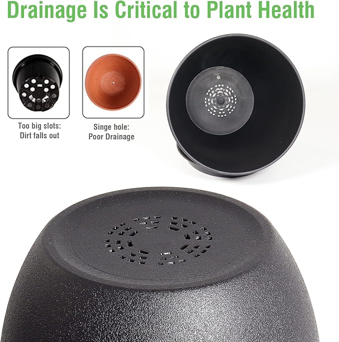 WOUSIWER Plant Pots 10/9/8 inch, Set of 3 Modern Decorative Plastic Planters with Drainage Holes and Saucers for House Plants Indoor Flowers Plants, Black