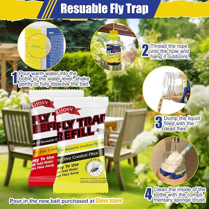 Glovv 2 Pack Reusable Fly Traps Outdoor for Patio with Bait Refill, Haning Fly Jar Trap Gnat Catcher Killer for Outside, Filth Flies Insect Bug Control to Repellent Fruit Fly for Ranch, Yard