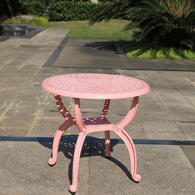 Cast Aluminum Outdoor Side Table,Small Patio Table,Outdoor Coffee Tables for Patio,Garden,Balcony, for All Weather(Pink, Round)