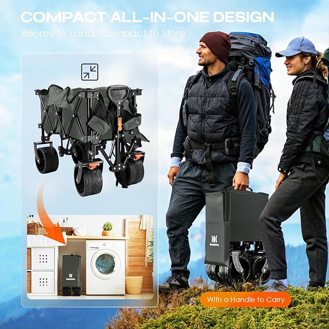 Navatiee Big Wheels Collapsible Wagon Cart Foldable, Heavy Duty Beach Wagon with Silent All-Terrain Wheels, Folding Utility Grocery Cart with Side Pocket and Brakes for Camping Garden Sports, Gray