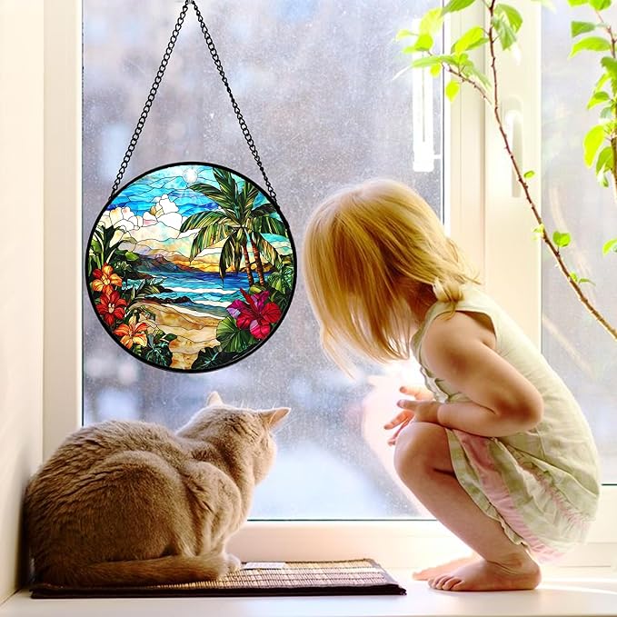 Stained Glass Window Hanging, Blue Beach Scenery Suncatcher Diamond Glass Panel Hangings Sun Catchers Decor for Birthday for Women, Men, Wife, Aunt, and Mom 6.3 in