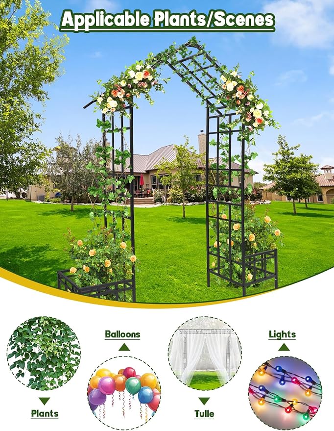 Kalolary 2 in 1 Metal Garden Arbor with Plant Box, 8FT House Shape Garden Arch Trellis for Climbing Plants Heavy Duty Steel Pergola Arch for Wedding Party Backyard Outdoor (Freely Adjustable Width)