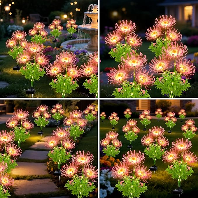 Solar Outdoor Lights Pink Spider Lily – 4 Pack 12-Head Waterproof Garden Flower Lights with Glowing Stems,Decorative Solar Powered Yard,Patio & Lawn Decor,Christmas & Gardening Gifts for Women Grandma