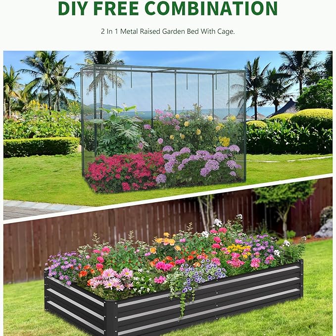 Galvanized Raised Garden Bed with Crop Cage Plant Protection Net Tent Kit for Garden Plant, 74"x37.4"x 59" Plants Protection Tent Cage Metal Planter Box Bottomless Planting Vegetables Outdoor