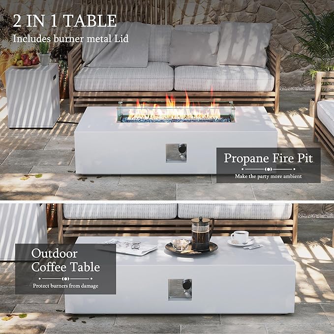 UPHA 56-inch Outdoor Propane Gas Fire Pit Table 50000 BTU Iron Rectangle Firepit for Outside Patio with Tank Hidden Table, Wind Guard, Removable Lid, Blue Glass Rocks, Rain Cover, White