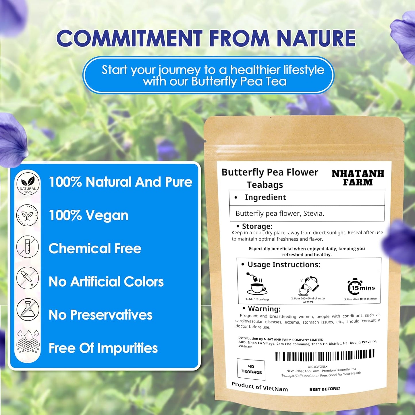 Nhat Anh Farm - Premium Butterfly Pea Tea Bags - Dried Butterfly Pea Flower Tea Bags - 40 Teabags, 2.5g/bag), 100% Natural & Pure/Sugar/Caffeine/Gluten Free. Good For Your Health