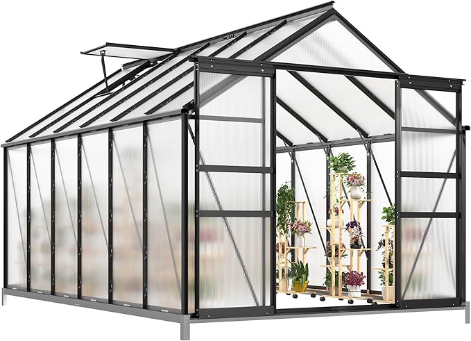 YITAHOME 10x8FT Polycarbonate Greenhouse Large Heavy Duty Green Houses Outdoor Aluminum Greenhouses with Sliding Doors Vent Window Walk-in Greenhouse for Garden Backyard, Black