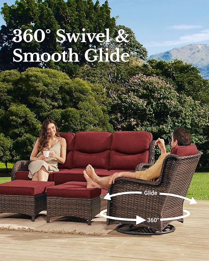 HILLGA Luxury Patio Furniture Set with 6-inch Thick Cushion, Outdoor Couch and High Back Swivel Rocker Patio Chairs, 10PCS Wicker Conversation Set for Deck Yard and Poolside, Burgundy (V2)