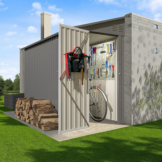 4x8 FT Metal Outdoor Storage Shed with Lockable Door and 2 Air Vents, Lean to Storage Shed, Garden Tool Storage Cabinet for Backyard Patio Lawn, Gray