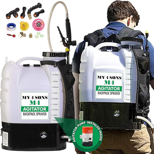 Backpack Sprayer - MY4SONS Silver M4 4-Gallon Cordless Battery Powered with Built-in Agitator - Liquid Sprayer Backpack - Heavy Duty Electric Spray for Lawn, Garden, Chemical, Fertilizers & More