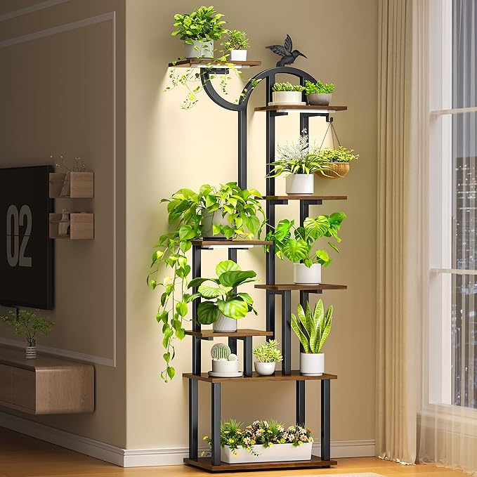 Plant Stand Indoor with Grow Lights, 63" Metal Plant Stand for Indoor Plants, 8 Tiered Tall Plant Shelf with Magnetic Cable Organizers and Decorative Bird, Plant Holder for Patio, Living Room, Home Decor