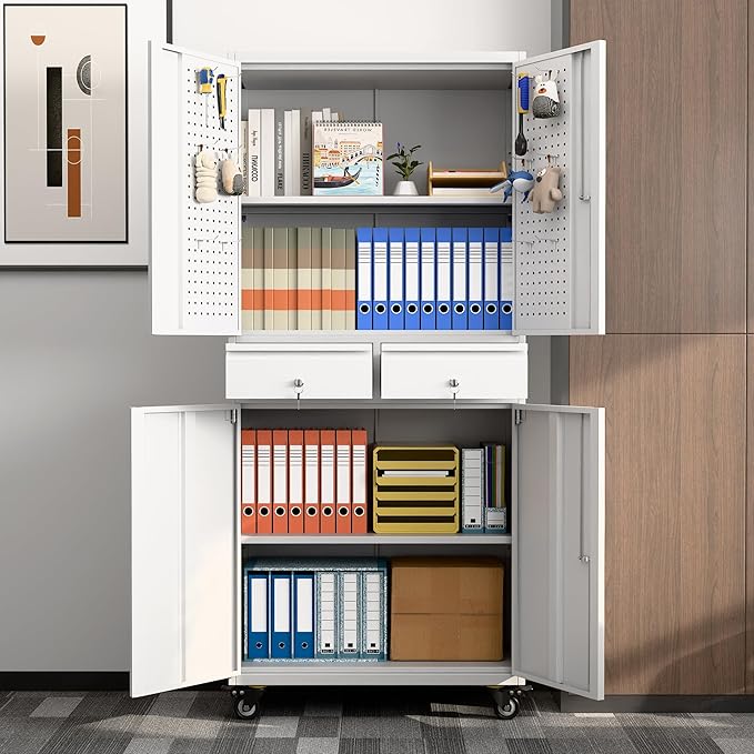 71" H Metal Garage Storage Cabinet with Wheels,Tool Storage Cabinet with Pegboard,2 Drawers and Lockable Doors for Garage, Warehouse,Home,Required Assembly,Grey and White