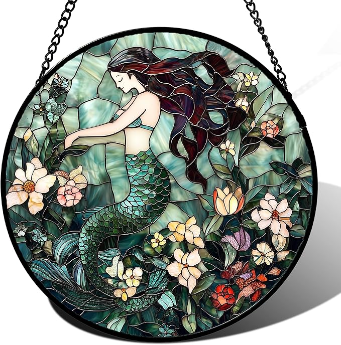 Stained Glass Window Hanging - Teal Sleeping Mermaid Suncatcher for Door Terrace Garden Home Decor, Sea of Flowers Sun Catcher Birthday Gifts for Lovers Women Men Dad Mom Nana 7.8 in