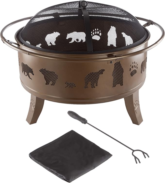Pure Garden 50-LG1202 32” Outdoor Deep Fire Pit-Round Large Steel Bowl with Bear Cutouts, Mesh Spark Screen, Log Poker & Storage Cover-Patio Wood Burning, Antique Gold