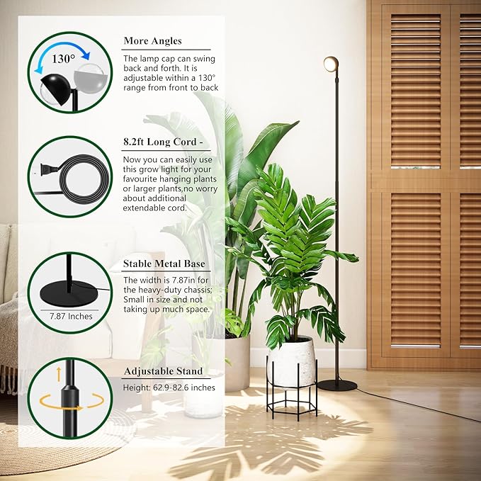Standing Grow Light with Timer 4/8/12H, 20W Full Spectrum Vertical Grow Lights for Indoor Plant Growing, Wide Coverage, 5.24FT to 6.88FT Height Adjustable, Ideal for Large Tall Plants