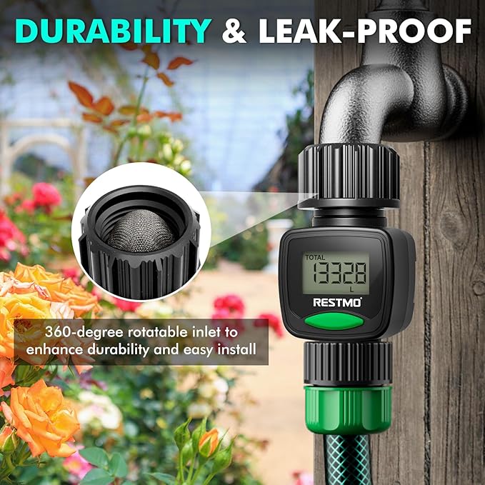 RESTMO Water Flow Meter, High Measure Accuracy, Measure Gallon/Liter Consumption and Flow Rate for Outdoor Garden Hose Watering, RV Water Tank Filling, Lawn Sprinkler and Nozzle Sprayer